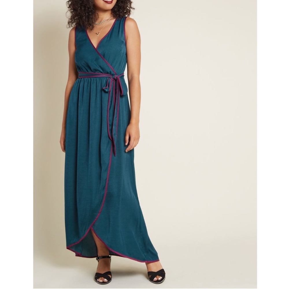 ModCloth Certainly Seventies Faux Wrap Dress, Dark teal w/ purple trim, Size L